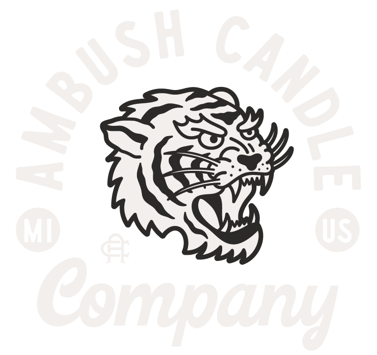 Ambush Candle Co Brand Logo featuring a tiger image in black and white with script text