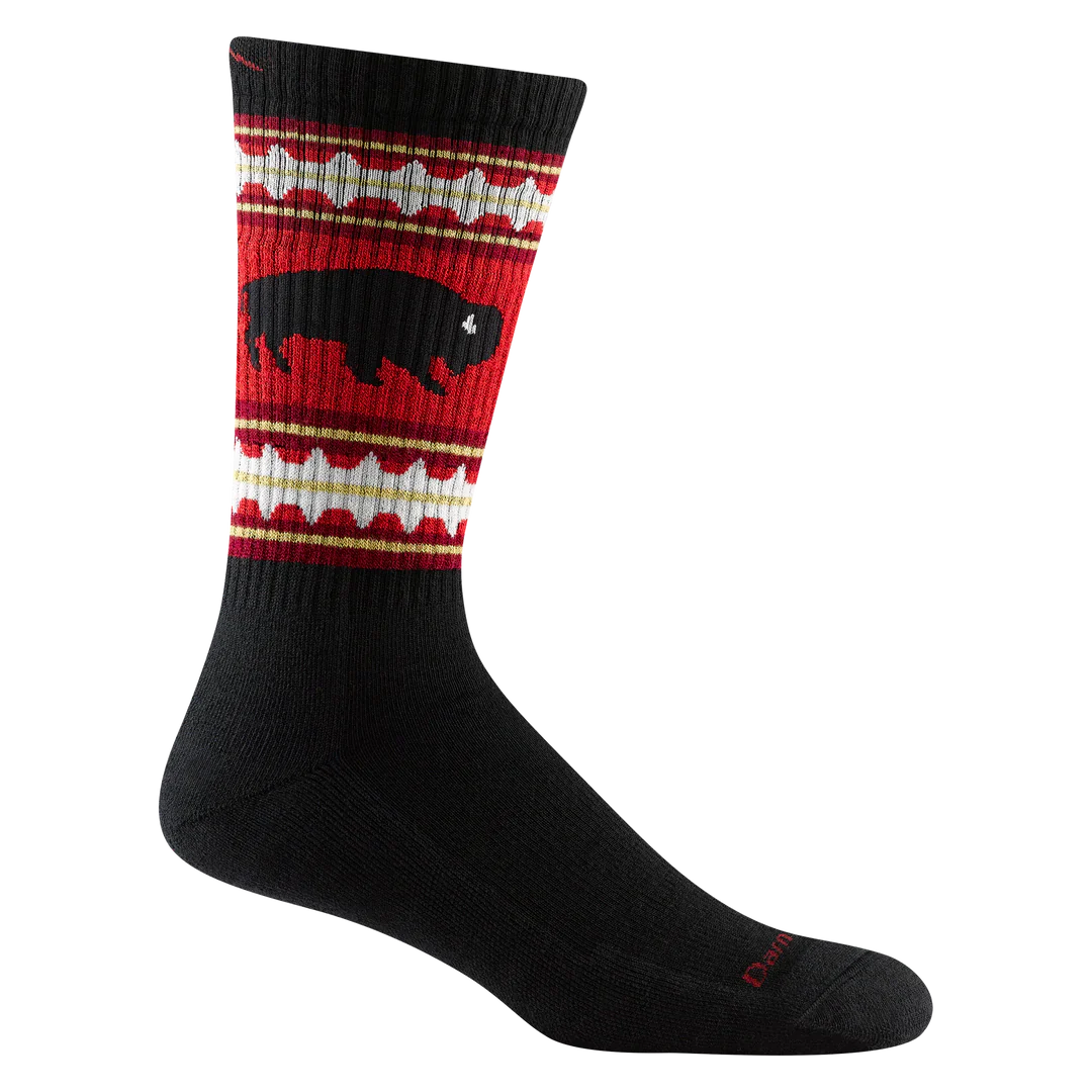 A black hiking sock with a Native American red, yellow and black design featuring a buffalo.