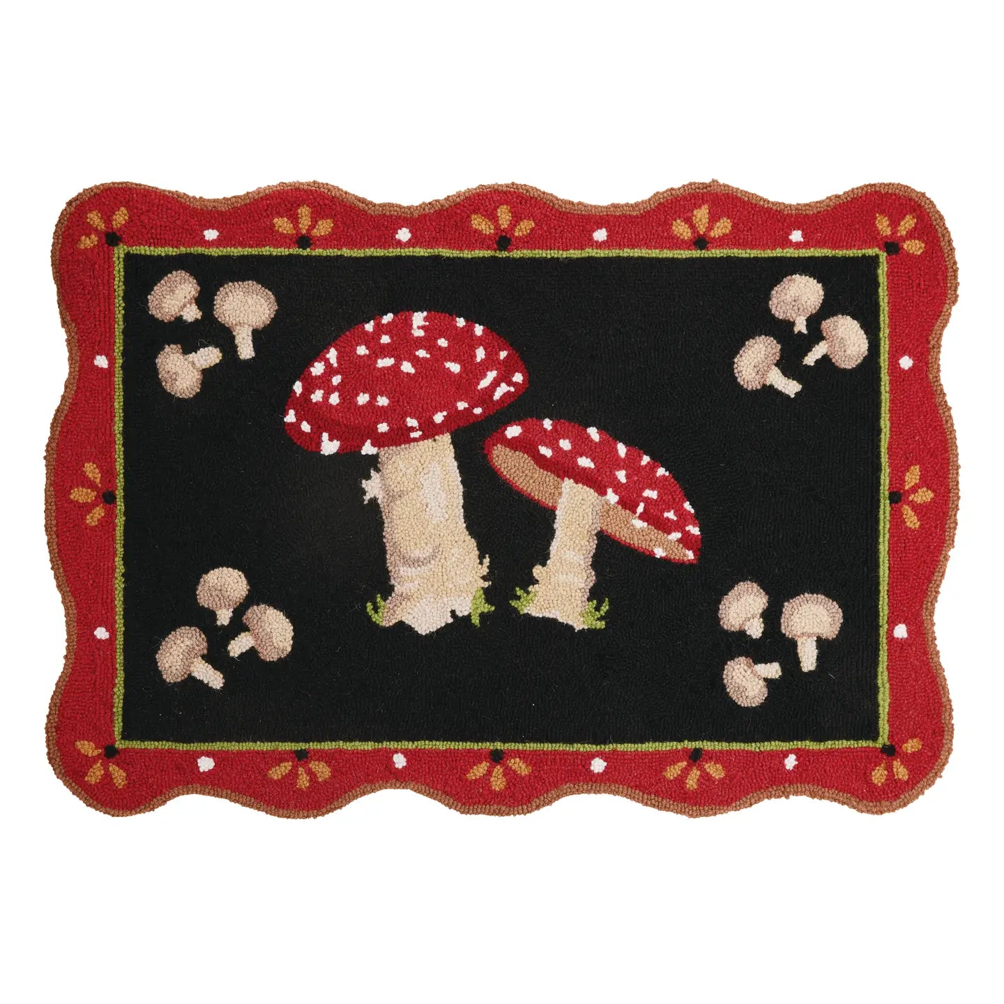 Wool Hook Mushroom Rug - Featuring Red Cap & Button Mushrooms with red floral border.