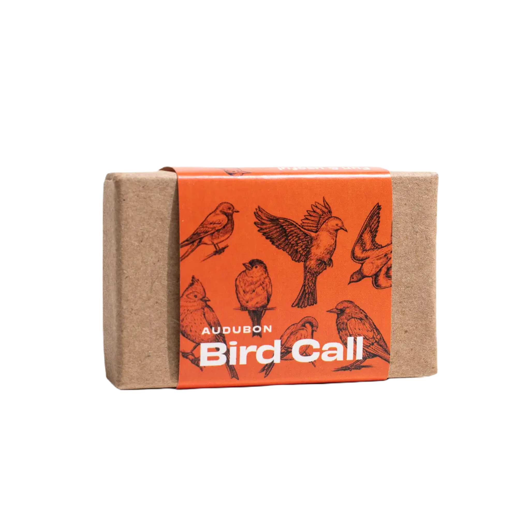 A cardboard box with an orange label featuring bird illustrations and the text "Stemcell Science Shop - Audubon Bird Call (Restock September 2024)" on a white background, contains a rosin capsule designed to imitate and attract birds.