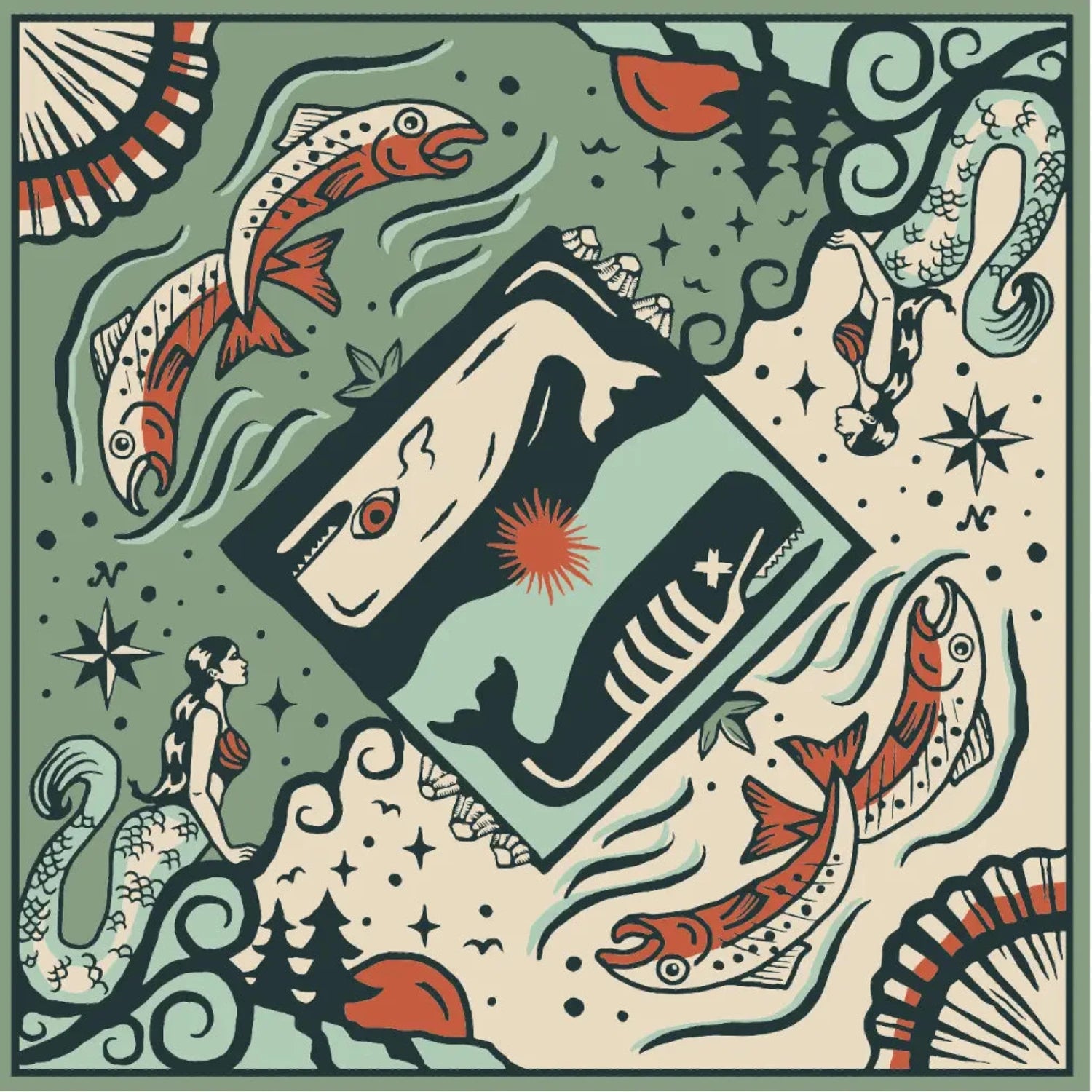 Image shows the bandana design which features an array of nautical creatures including fish, whales and mermaids in the sea with shells, mullocks with above water scene of ferns and a setting sun. The colouration of the bandana is Jade, Beige, Orange and Navy.