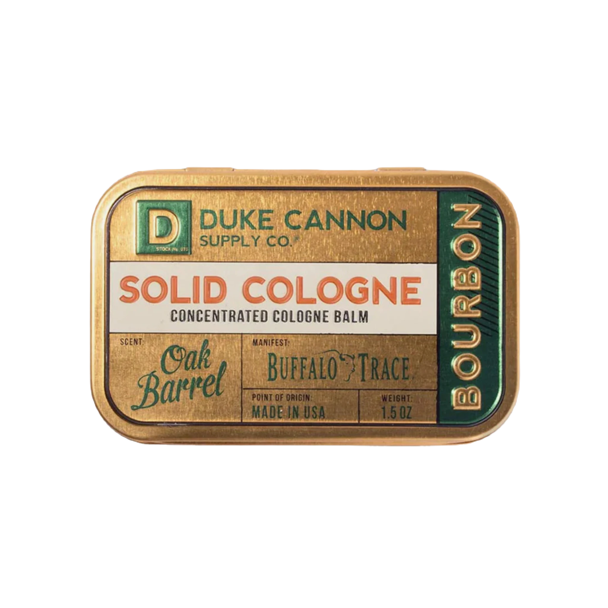 A rectangular tin labeled "Duke Cannon Solid Cologne Bourbon" features an "Oak Barrel" scent with "Bourbon" on the side, showcasing brown and gold tones. This concentrated cologne balm is travel-friendly and crafted with natural and organic ingredients.