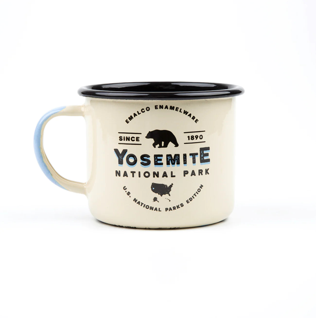 The Emalco Enamelware 22oz Enamel Yosemite National Park Mug is a white enamel mug with a black rim, showcasing "Yosemite National Park" text and a bear illustration in black, perfectly capturing a vintage look that celebrates U.S. National Parks.