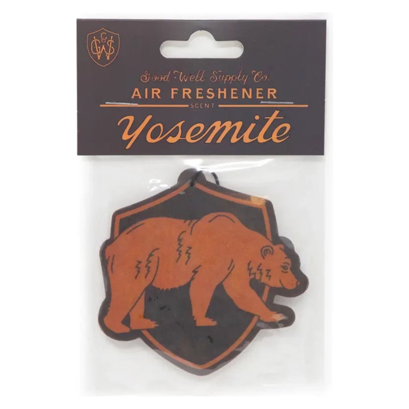 Good & Well Supply Co Hangable Air Freshener - Yosemite, featuring an illustration of a brown bear within a black shield outline on the packaging, proudly supported by the National Park Foundation.