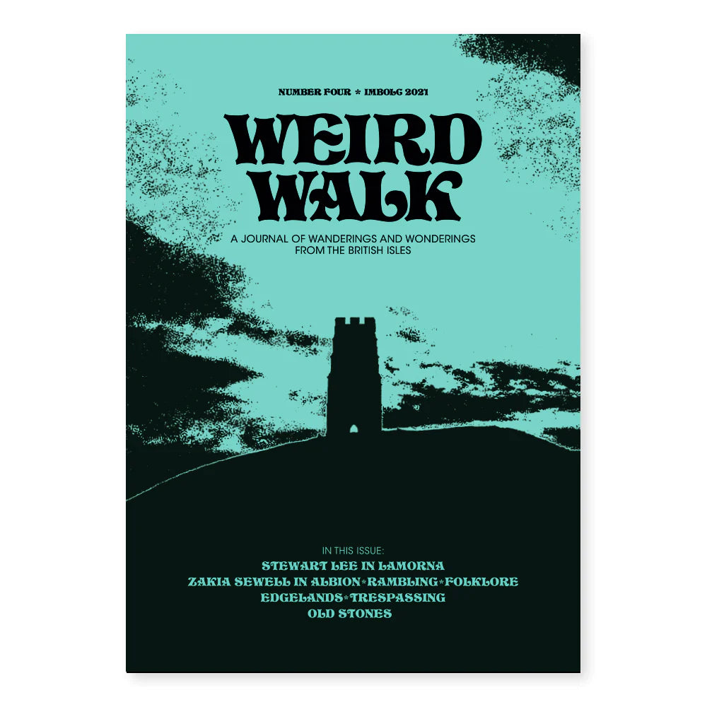 Introducing the "Weird Walk Zine Magazine Issue 4," featuring a striking cover with a silhouette of a tower set against a contrasting sky, and filled with captivating stories from the British countryside.