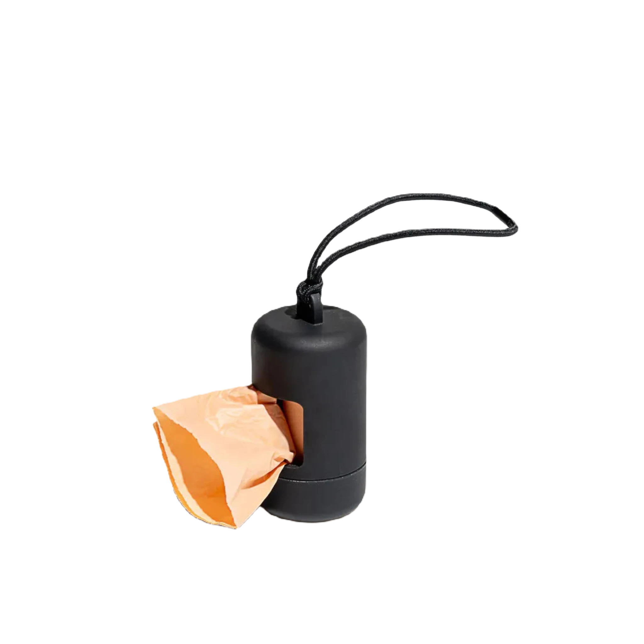 The Wild One Dog Poop Bag Dispenser Holder in Black features a sleek cylindrical design, an orange poop bag partially pulled out, and a black loop for convenient leash attachment.