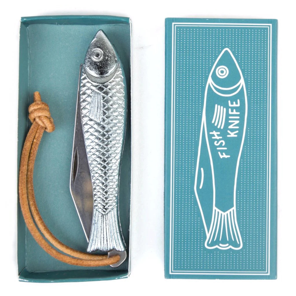 Mollyjogger Fingerling Fish Knife (18+) featuring a stainless steel blade and a leather cord handle, packaged in a box. The box lid is labeled "Fish Knife" and includes an illustration of the fishing knife.