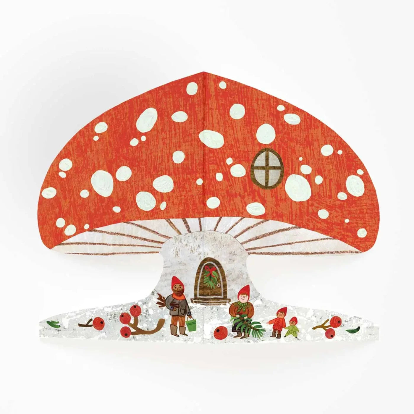 A mushroom shaped card featuring gnome like people collecting foliage to create Christmas decorations.