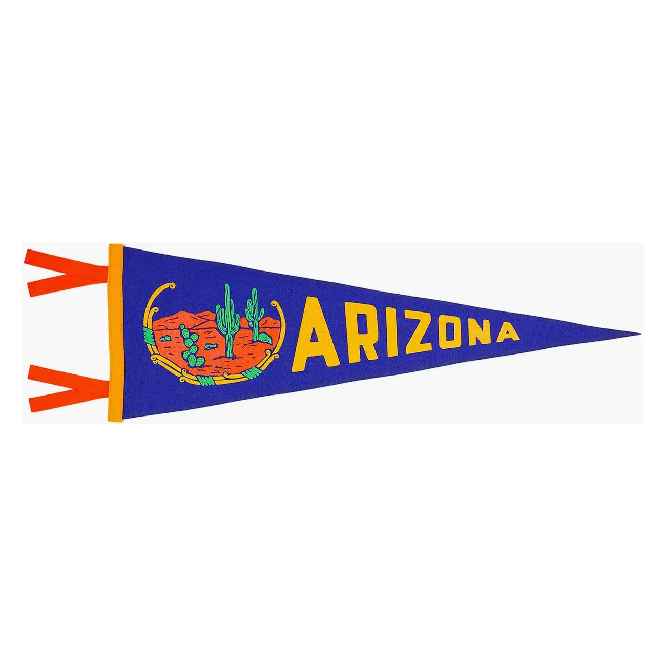 The "Oxford Pennant Arizona" is a durable wool felt blue pennant with "ARIZONA" in yellow letters, featuring a screen-printed desert scene with cacti and mountains, and has red ribbon ties on the left.