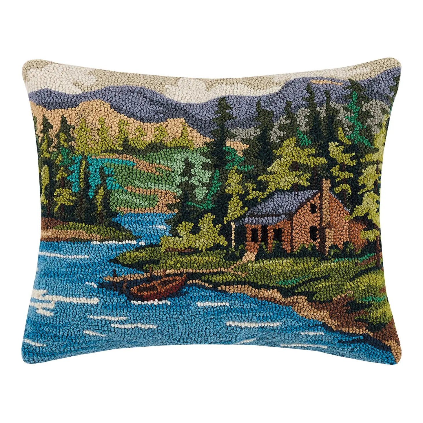 The Peking Handicraft Cabin By The Lake Hook Cushion is a rectangular accent pillow featuring a vibrant embroidered scene of a cabin by a river, encircled by trees with mountains in the background. Made from 100% wool, this throw pillow brings a cozy and artistic touch to any space.