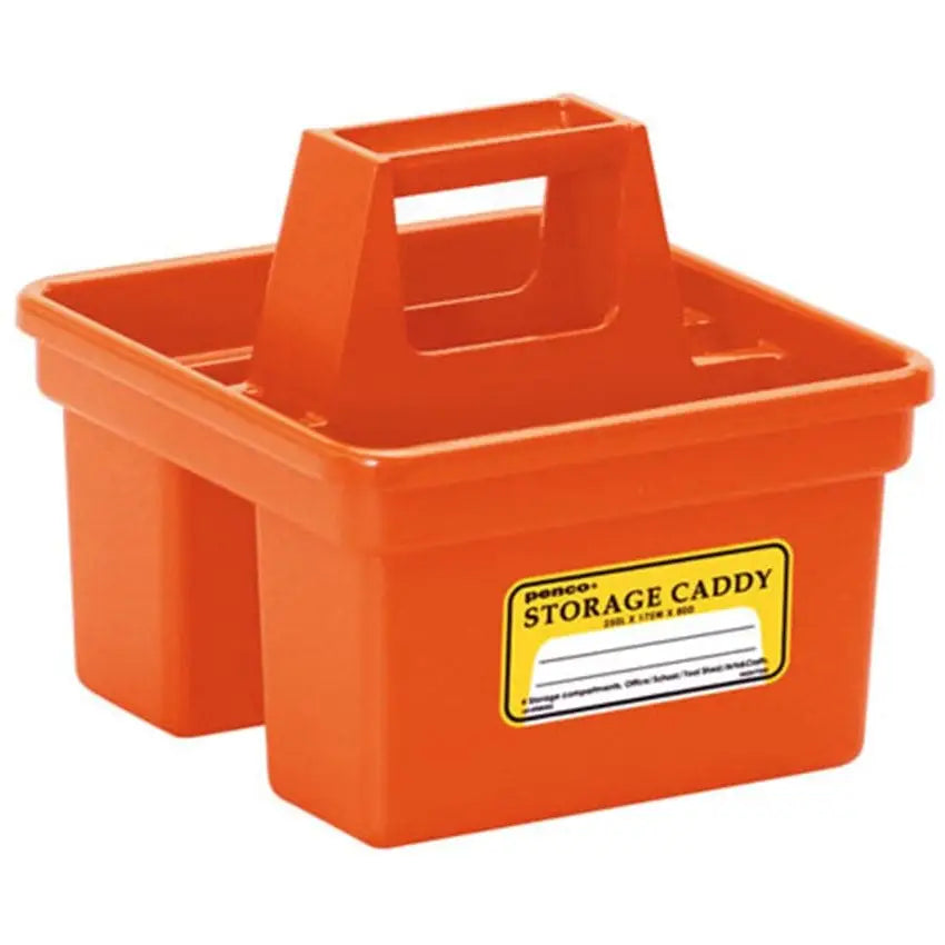 The Hightide Penco Storage Caddy - Small, in orange, showcases a retro design with a practical handle and a front label. Ideal for desk organization, it offers two visible compartments to keep your items neatly arranged.