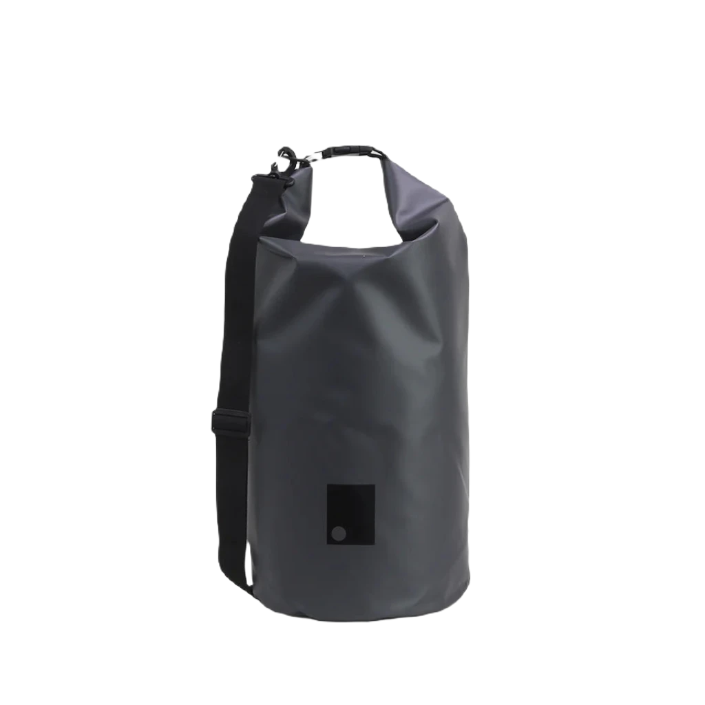 The Sophos Dry Sack Bag 20L Charcoal 500D PVC, featuring heat-sealed seams, a roll-top closure, and an adjustable shoulder strap, is positioned against a plain white background.