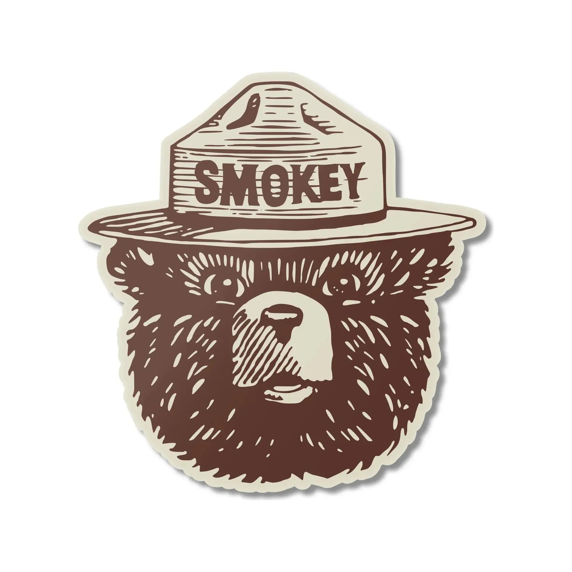 Illustration of a bear wearing a ranger hat labeled "Smokey," commonly known as Smokey Bear, associated with fire prevention—The Landmark Project Smokey Bear Face Magnet is perfect for showcasing your love for nature and conservation.