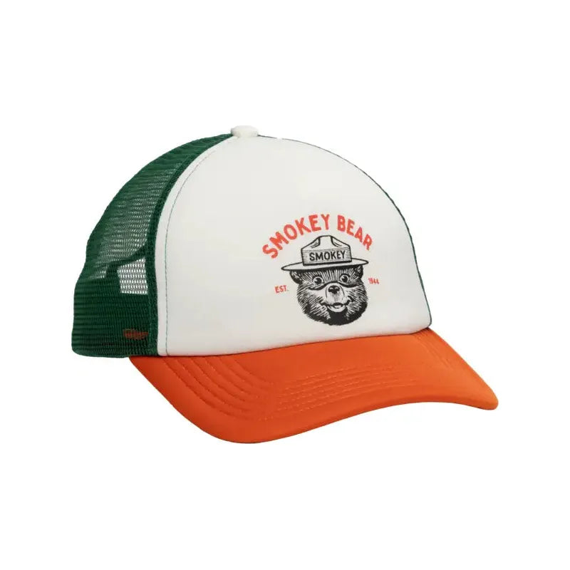 A green and white mesh trucker hat with an orange brim featuring a Smokey Bear logo and text, reminiscent of The Landmark Project Smokey Bear Varsity Mesh Cap from the US Forest Service collection.